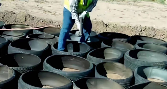 Burying tires in road construction can withstand heavier traffic loads.