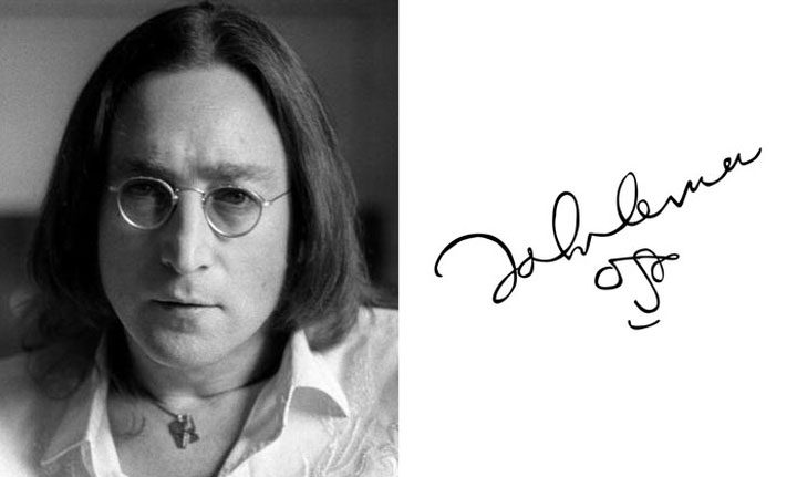 John Lennon drew a simple self-portrait in his signature.