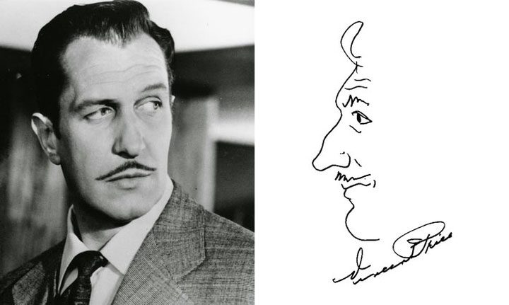 Actor Vincent Price drew his own portrait in his signature.