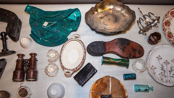 Artifacts salvaged from the Titanic displayed for the first time.