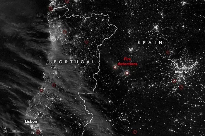 Wildfires occurring in Spain and Portugal.