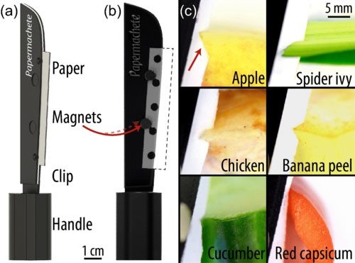 A knife with a paper blade that can smoothly cut through chicken.