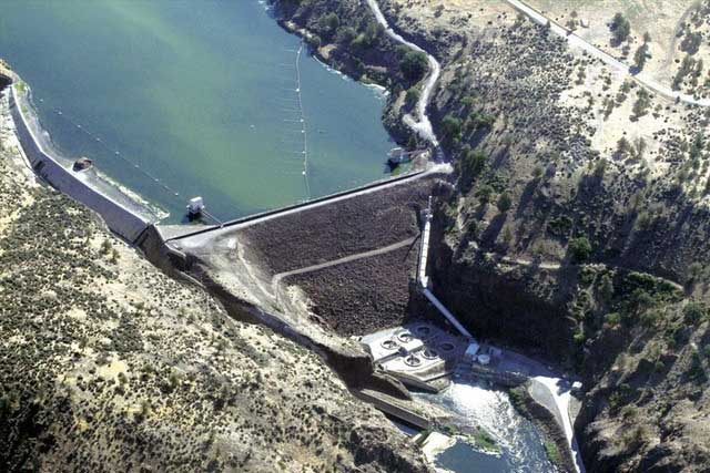 Close-up of the Iron Gate dam crossing the Klamath River in California.