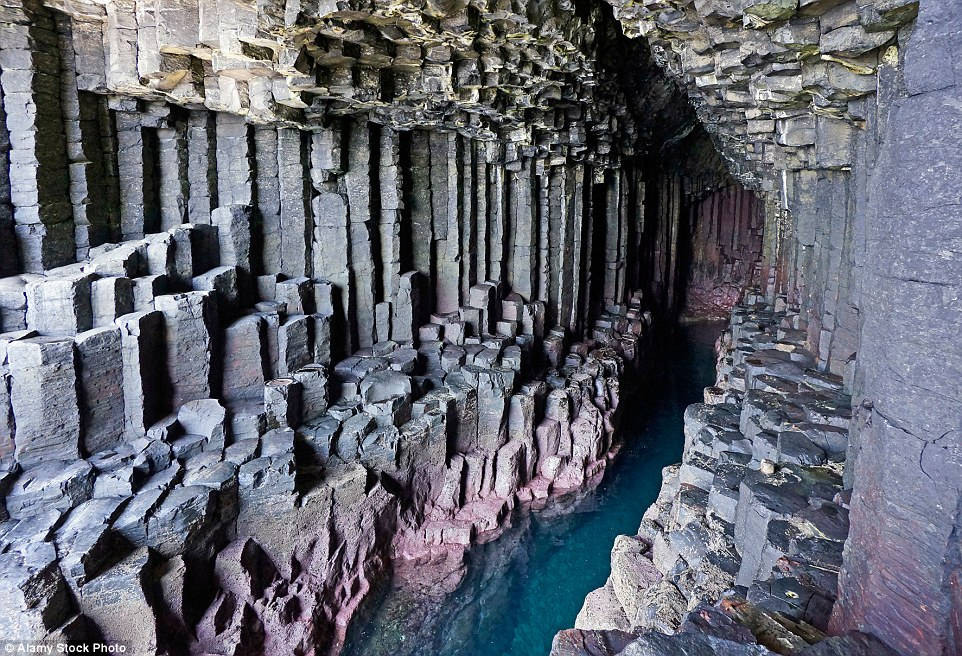 Fingal's Cave is famous for its hexagonal basalt columns.