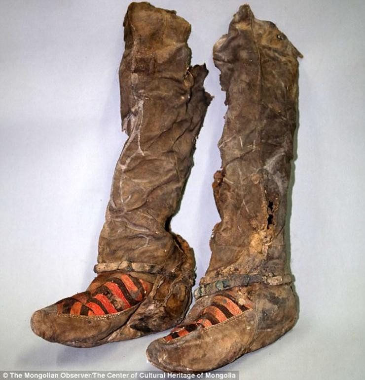 The shoes of the Mongolian woman after being cleaned and restored.