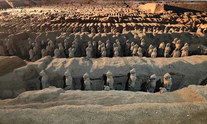 The Terracotta Army arranged in the burial pits.