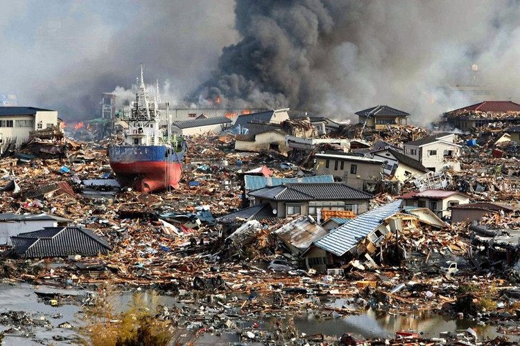 Destruction of buildings after an earthquake.