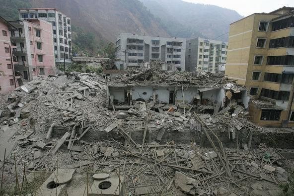 Buildings destroyed after an earthquake.