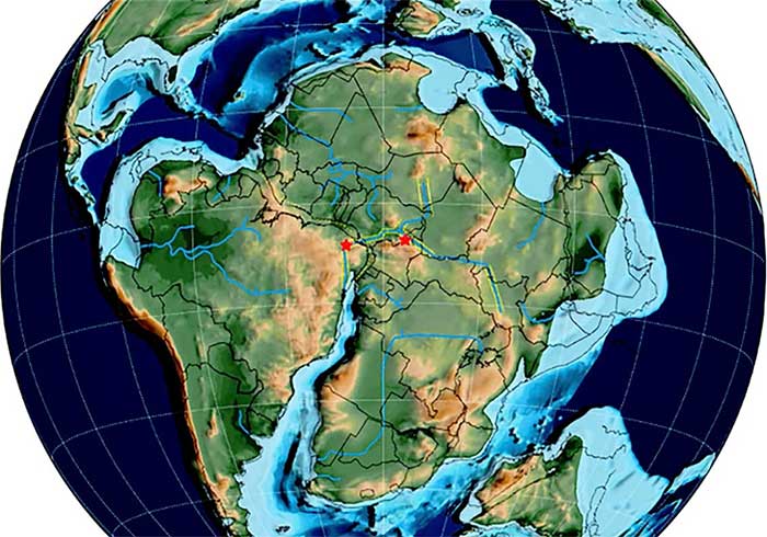 Red stars in this image mark the routes dinosaurs once traveled.