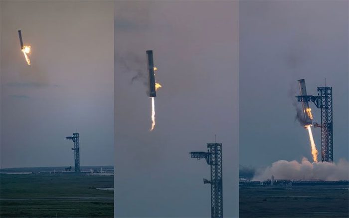 This is the first time SpaceX has utilized this system to catch the booster mid-air.