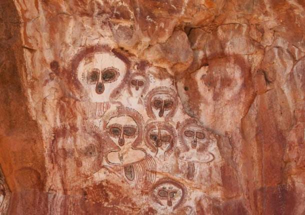 Image on Wandjina rock of Aboriginal people on the Barnett River, Elizabeth Station (Australia).