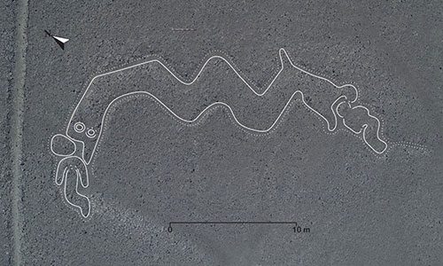 Geoglyph depicting a two-headed snake about to swallow a person.