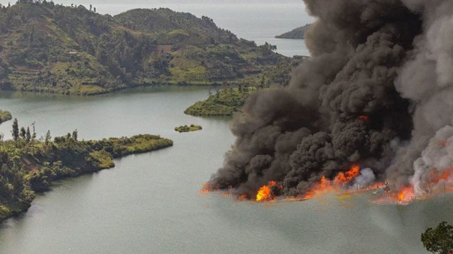 Illustration of a gas explosion at Lake Kivu.