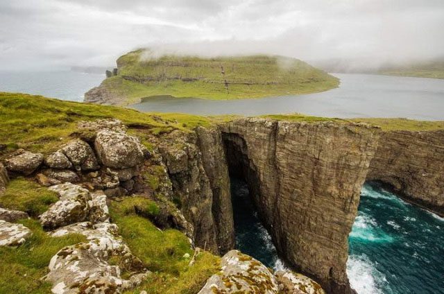 The lake exists with two names simultaneously, situated uniquely between the sky and the sea.