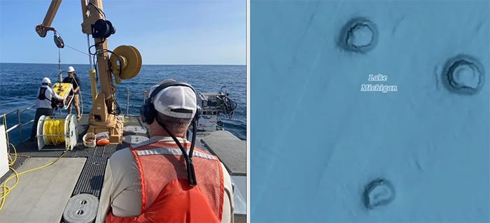 NOAA survey vessel and images of some depressions at the bottom of Lake Michigan.