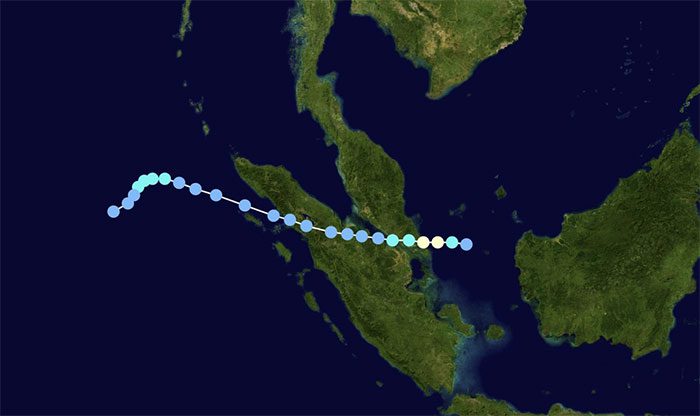 Satellite map of Typhoon Vamei's path