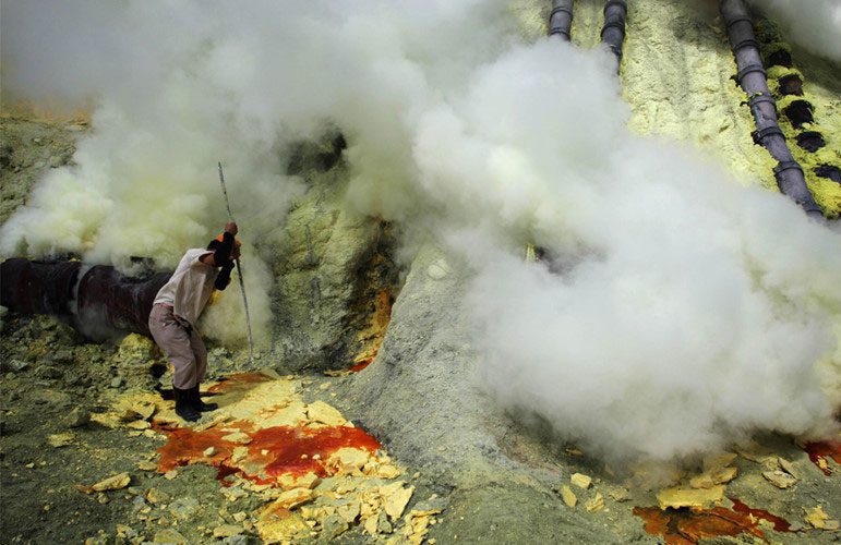 Sulfur gas at the crater of Kawah Ijen is mined for sulfur.