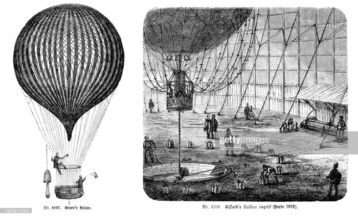 Giffard's hot air balloon with its first passenger in 1869.