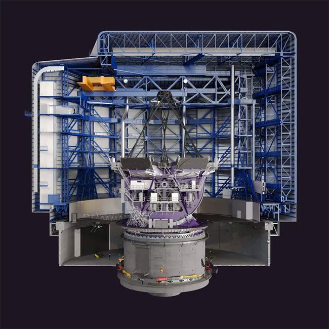 Cross-section of the entire GMT structure, including its casing, pillars, and telescope support.