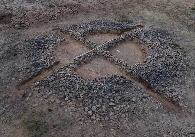 Remains of a kurgan, or burial mound with stone ledges