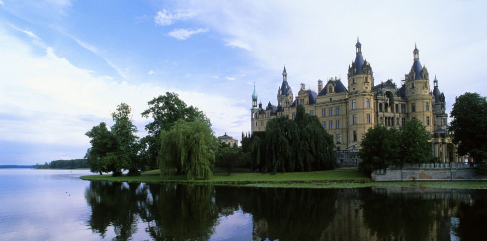 Schloss Schwerin in Germany, built on a lake.