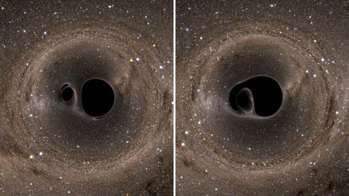 Simulation model of the merger of two black holes after a collision.