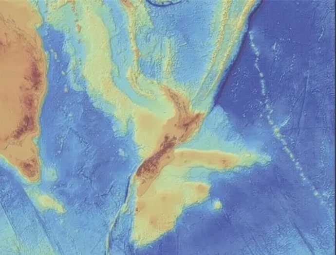 Depth map of Zealandia, with darker blue indicating deeper waters