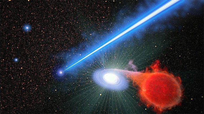 Illustration of a terrifying beam originating from a supermassive black hole