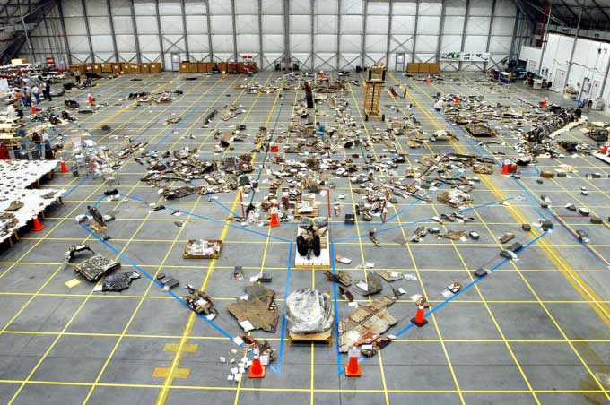 Debris from the Columbia shuttle scattered on the floor of the RLV storage area