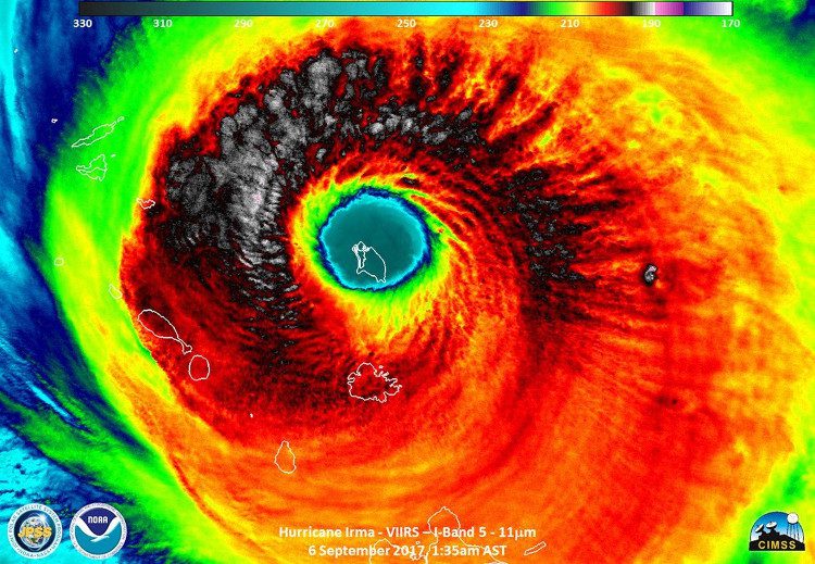 Satellite image taken on September 6 showing the eye of Hurricane Irma with Barbuda directly in the center.