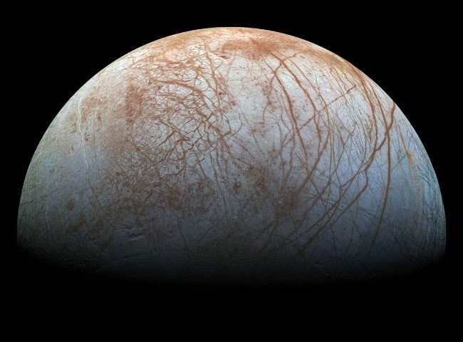 Cracked and frozen surface of Europa observed by NASA's Galileo spacecraft in 1998