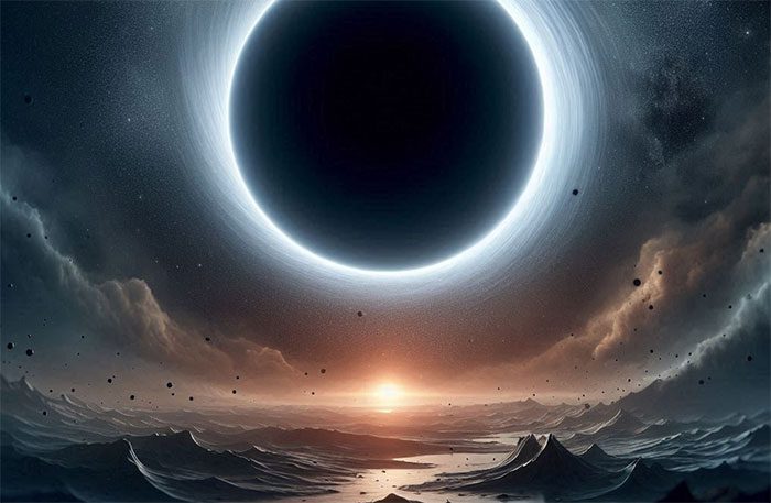 A black hole moon rising in the sky of an alien world