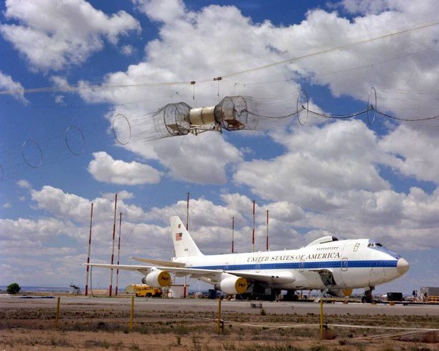 Advanced airborne command post E-4 on an EMP simulator for testing.