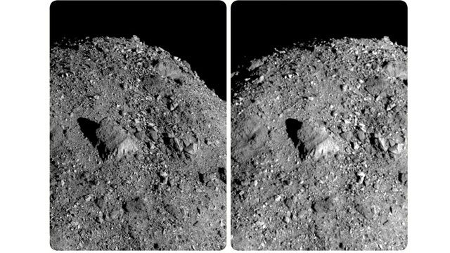 Stereo image of a rock outcrop on the surface of asteroid Bennu.