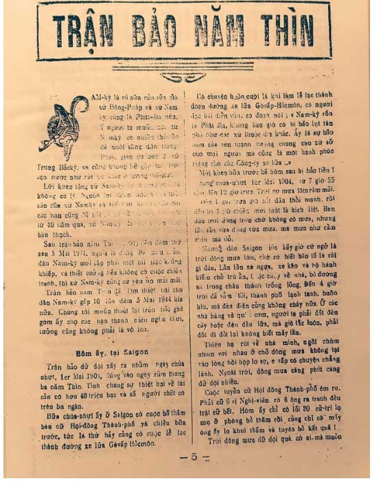 Report on the storm in the Year of the Dragon 1904 in Nam Kỳ Tuần