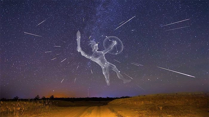 Image of the Orionids meteor shower combined with a graphic depicting the constellation from which it originates