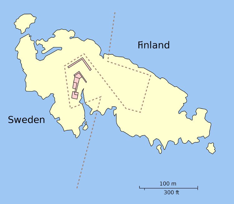 A small island in the Baltic Sea is divided into two time zones according to national boundaries.