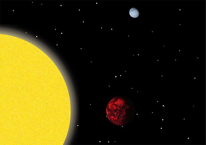 Close-up illustration of K2-360 b (in red) orbiting its star