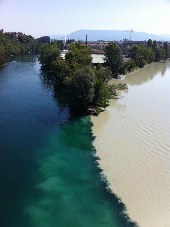 The confluence of two rivers in Geneva, Switzerland