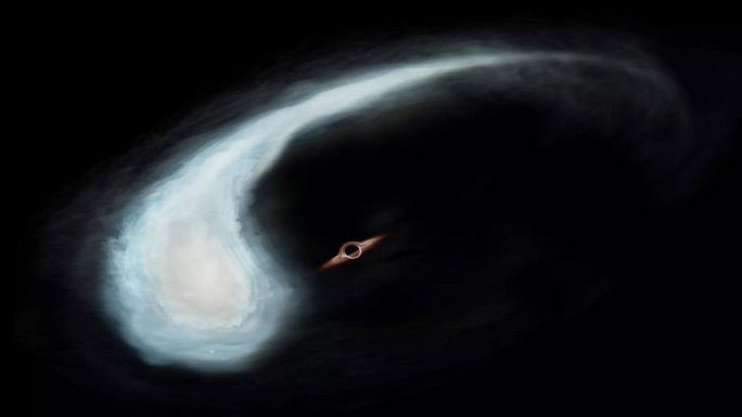 Graphic illustration of the "cosmic tadpole" and the invisible black hole next to it