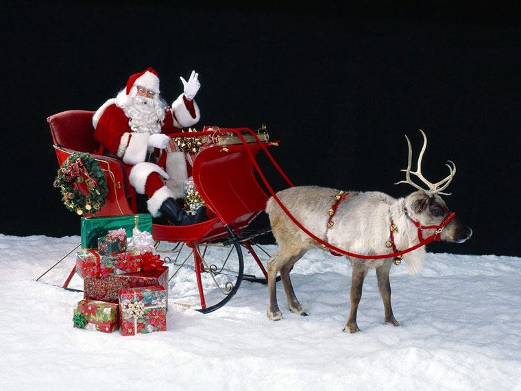 Santa Claus is the "main character" of Christmas, wearing a red suit with white trim, a white beard, long mustaches, and a jovial face