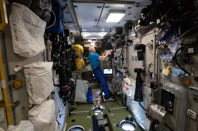 Roscosmos astronaut Oleg Novitskiy seen in the Zvezda module