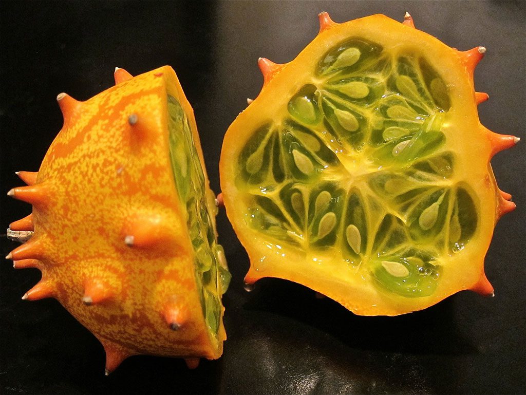 The horned melon, also known as kiwano, resembles a cucumber. It originates from the sub-Saharan region of Africa and is now quite popular in the United States.