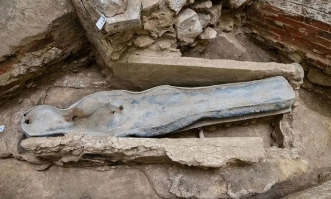 One of the two lead coffins excavated beneath Notre-Dame Cathedral.