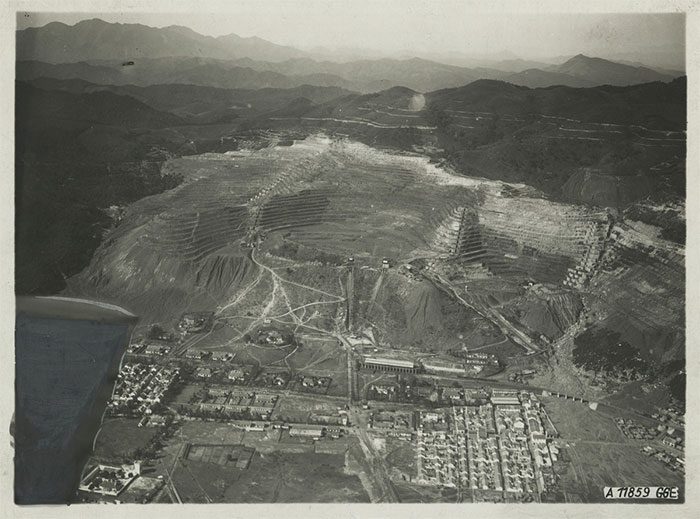 Open-pit coal mine in Cam Pha during the 1930s captured from an airplane.