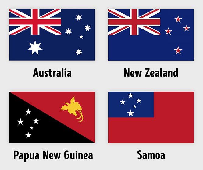 Flags of Brazil, Australia, New Zealand, Papua New Guinea, and Samoa