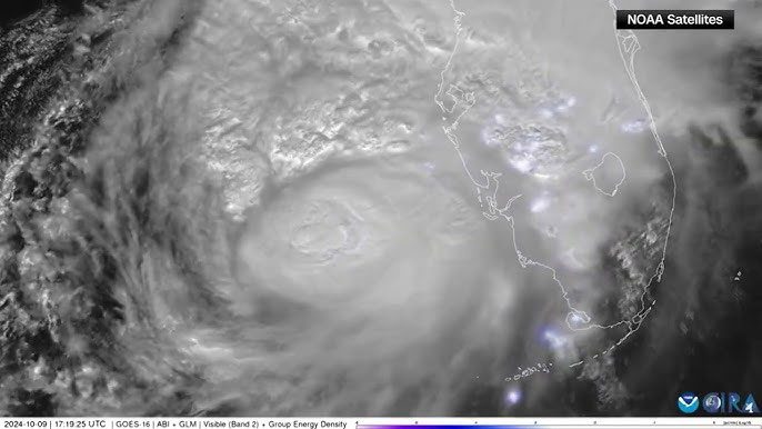 Continuous lightning strikes appear during Hurricane Milton.