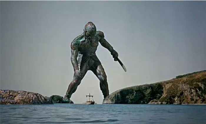 Scene depicting Talos confronting the crew of the Argo from the film Jason and the Argonauts