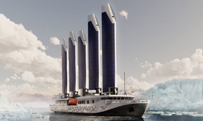 Captain Arctic ship with 5 solar panel-covered sails.