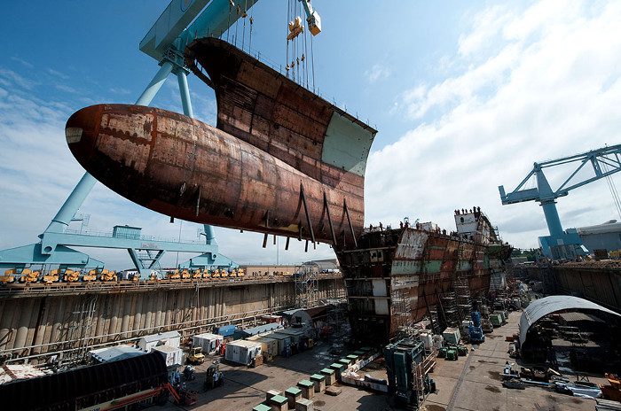 Here is the bow section of the USS Gerald R. Ford, weighing approximately 680 tons.